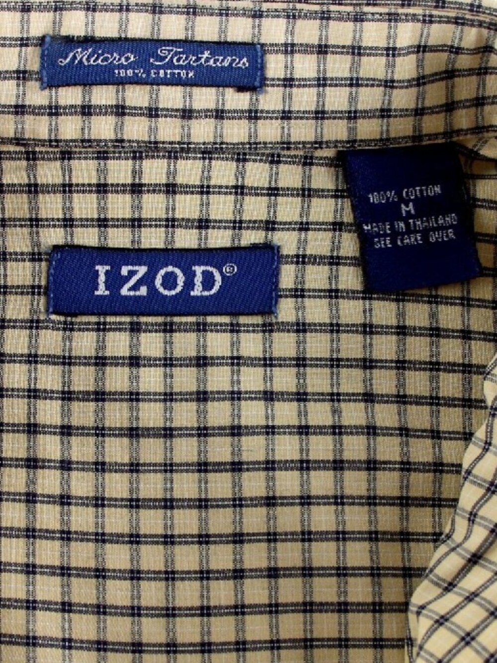 IZOD Cream & Navy Micro Tartan Plaid 100% Cotton Casual Shirt Button Down Collar - Picture 3 of 6